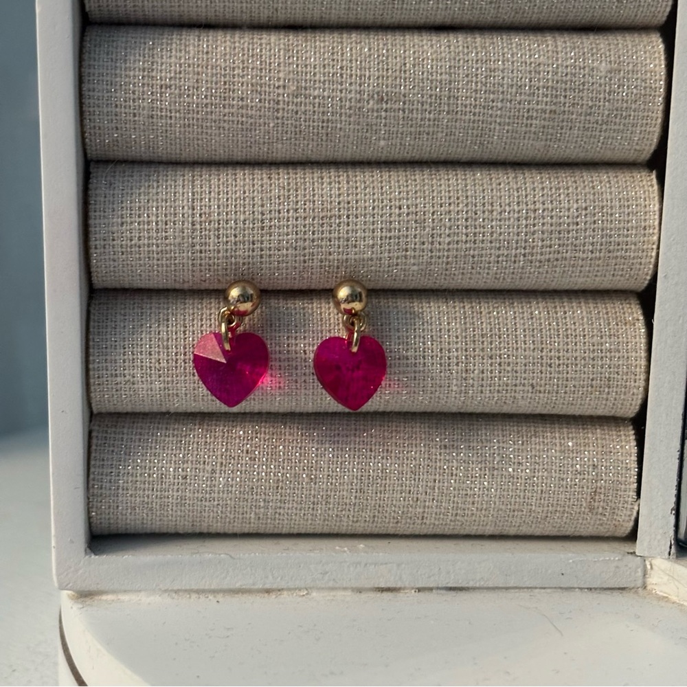 Gold Ball Stud Earrings with Pink Heart Drops